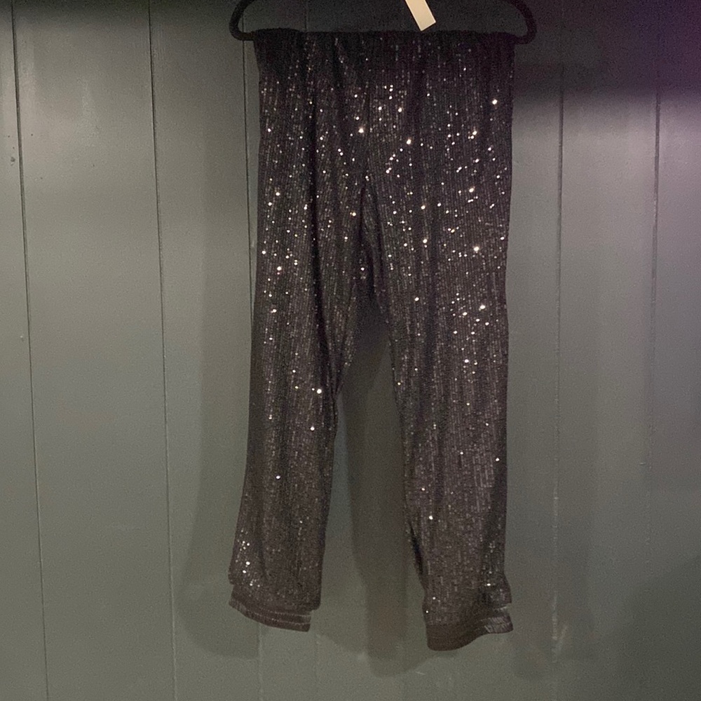 Black sequin jogger pants with satin band
